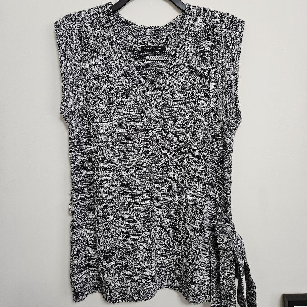 CAROL ROSE SWEATER VEST Black White Cap Sleeve V- Neck Belted Tunic Womens M